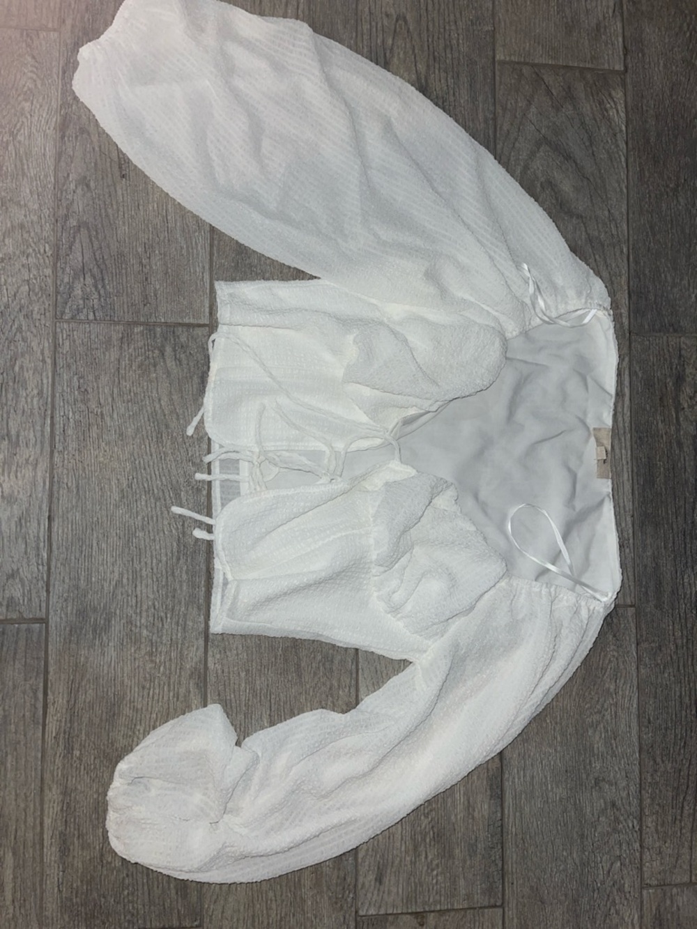 White Textured Puff-Sleeve Tie-Front Blouse
